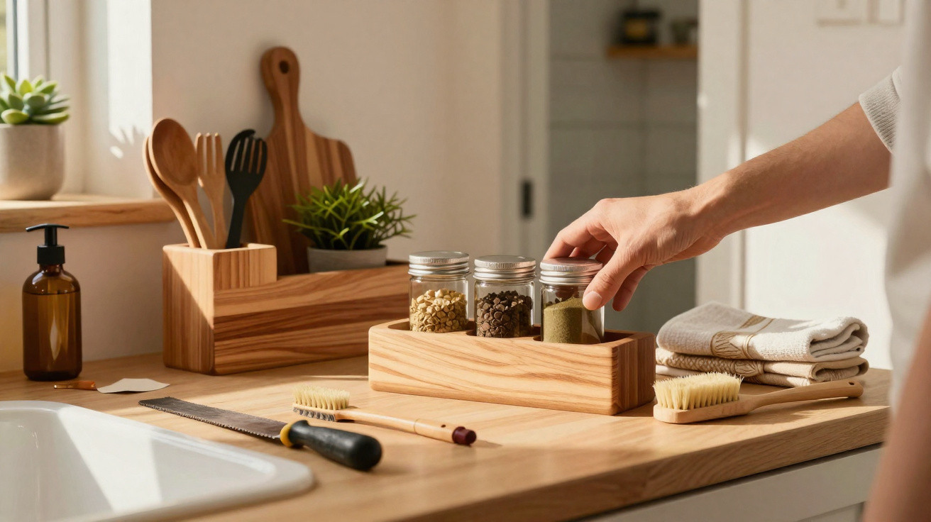 Hand picking up a small jar from a wooden tray on a kitchen countertop with utensils and brushes nearby.