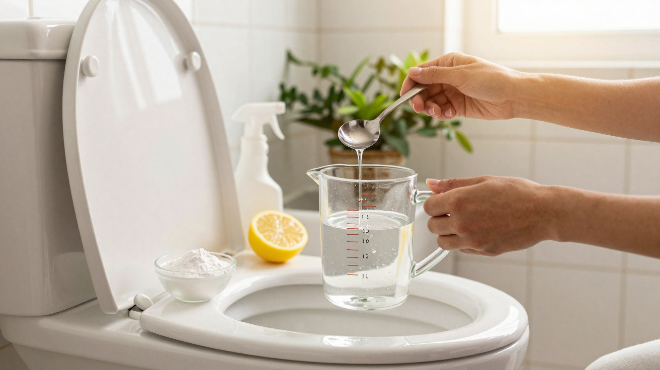 Person pouring liquid from a spoon into a measuring jug on a toilet seat with lemon, spray bottle, and baking soda nearby.
