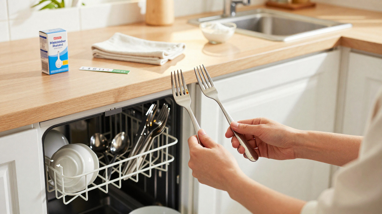 Person holding two forks above an open dishwasher in a modern kitchen with wooden countertops.