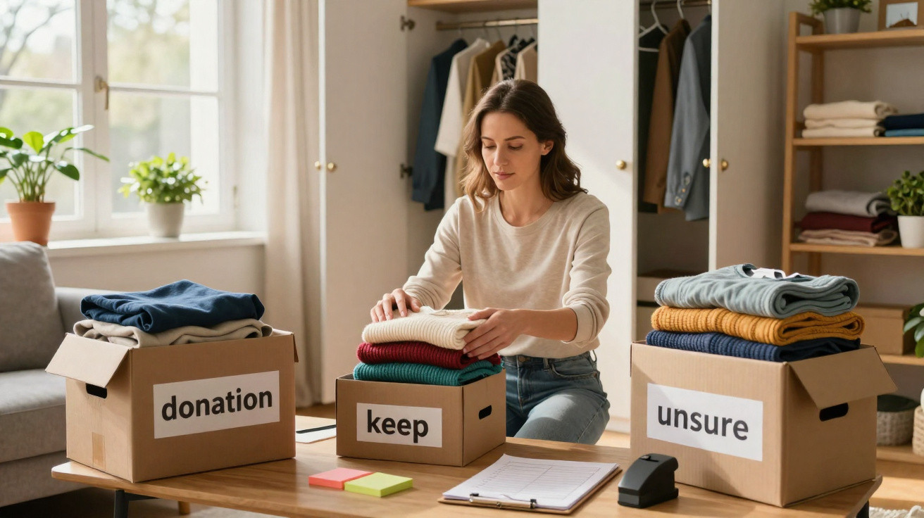 Woman sorting clothes into labelled boxes: donation, keep, and unsure, in a bright room with shelves and a window.