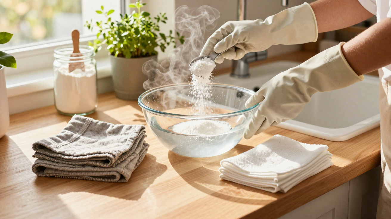 Person wearing rubber gloves pouring powder into a steaming glass bowl on a wooden countertop.