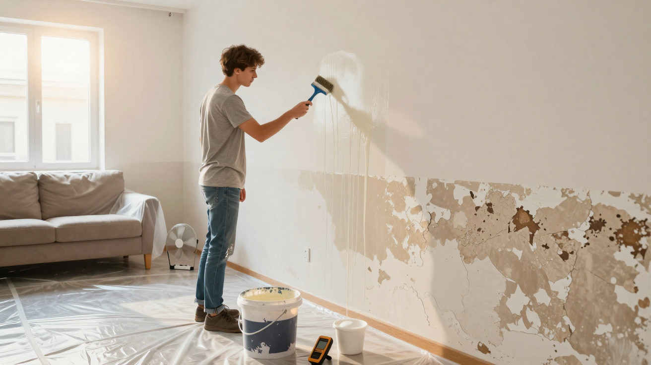 Young man painting over a damaged wall in a bright living room with plastic sheeting on the floor.