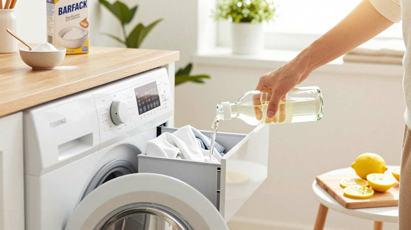 Person pouring liquid detergent into a washing machine drawer with lemons on a table nearby