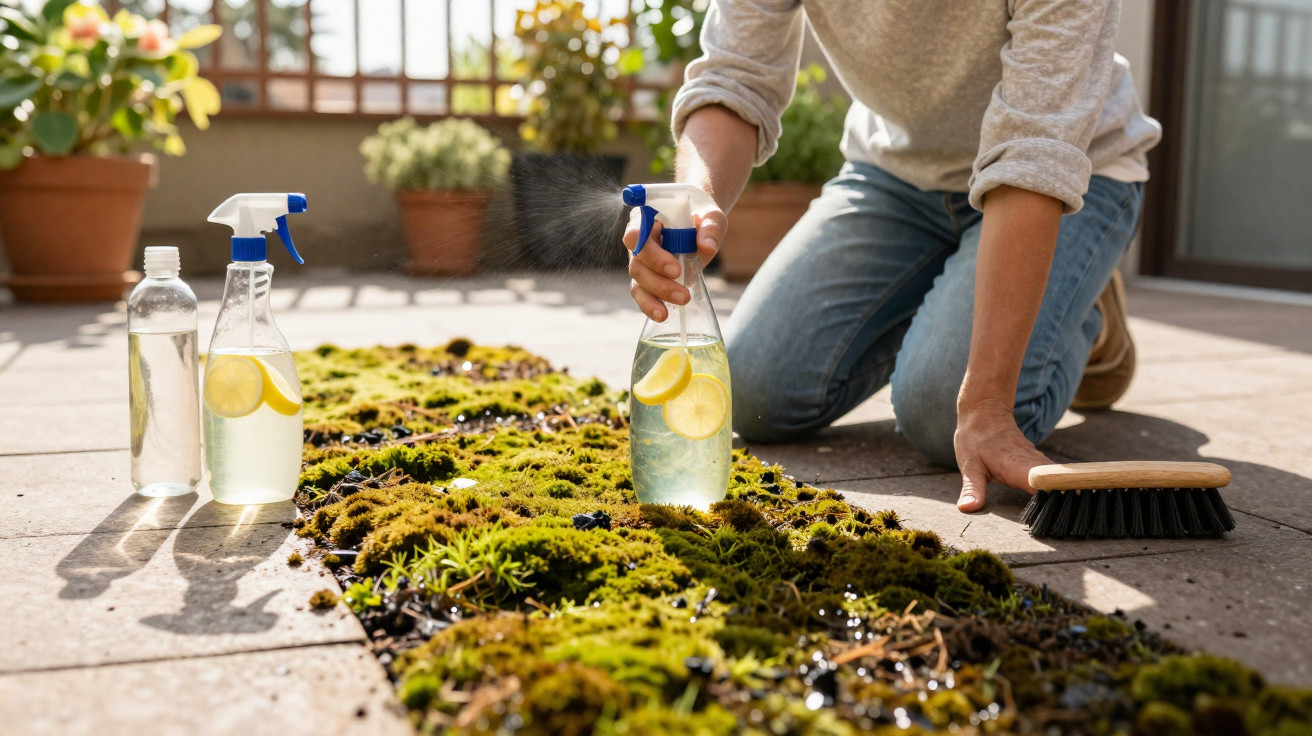 Person cleaning moss-covered patio with lemon water spray and brush on a sunny day