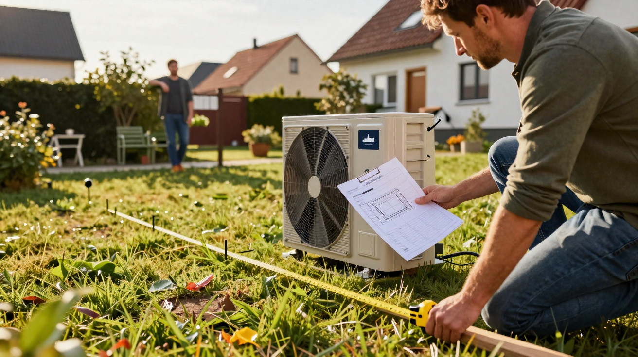 Man kneeling on grass measuring area near air conditioning unit with another man and houses in the background