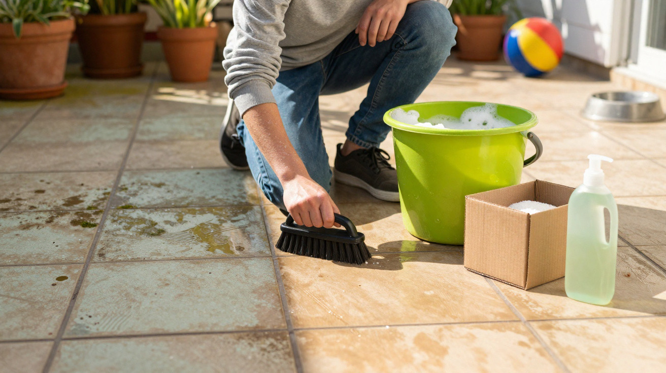 Person scrubbing dirty tiled floor with brush, bucket of soapy water, detergent, and scrubbing powder nearby.