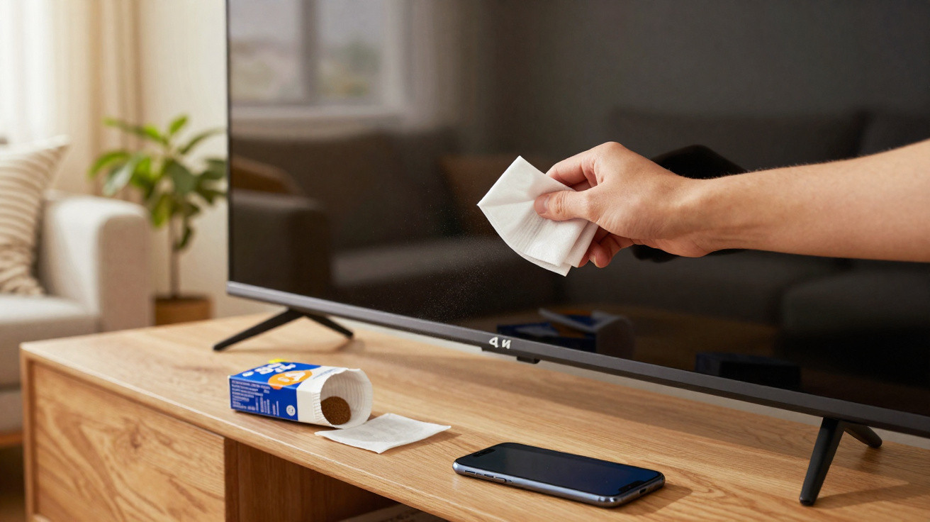 Hand wiping a TV screen with a cleaning wipe on a wooden media console with a phone and wipe packet.