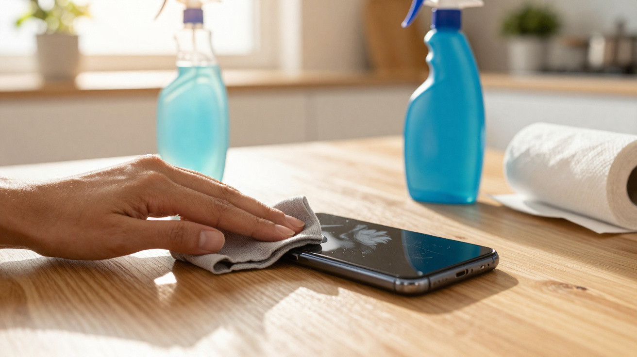 Hand wiping a smartphone screen on a wooden table with a cloth, spray bottles and paper towel in background.