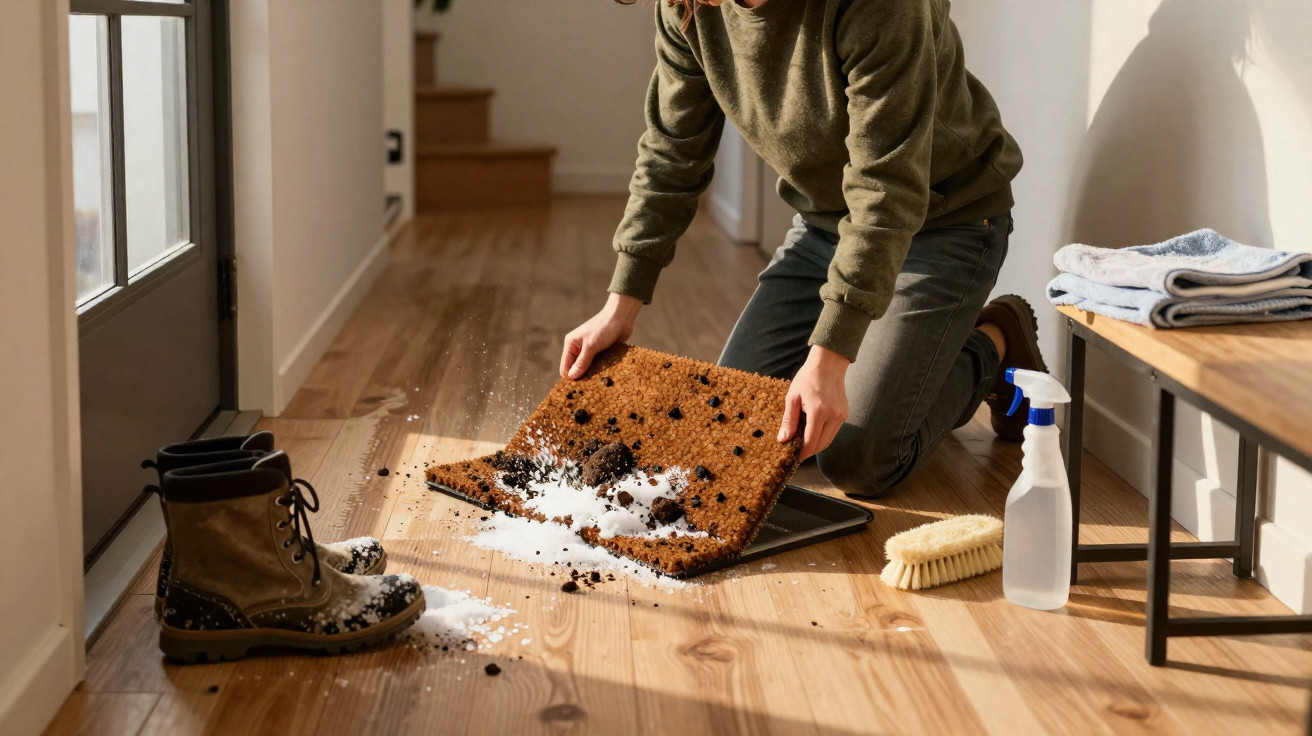 Person shaking dirt and snow from doormat onto wooden floor inside hallway next to boots and cleaning supplies.