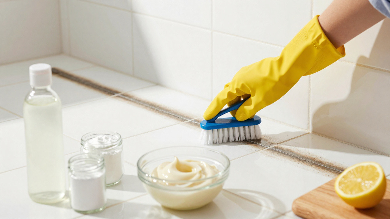 Hand in yellow glove scrubbing grout between white tiles with brush, natural cleaning ingredients nearby.