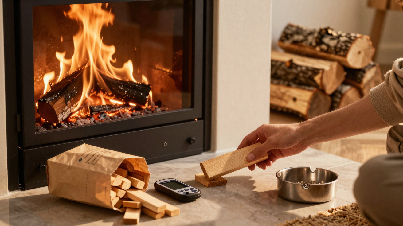 Hand placing wooden fire starter near a lit fireplace with logs and a thermometer on the floor.