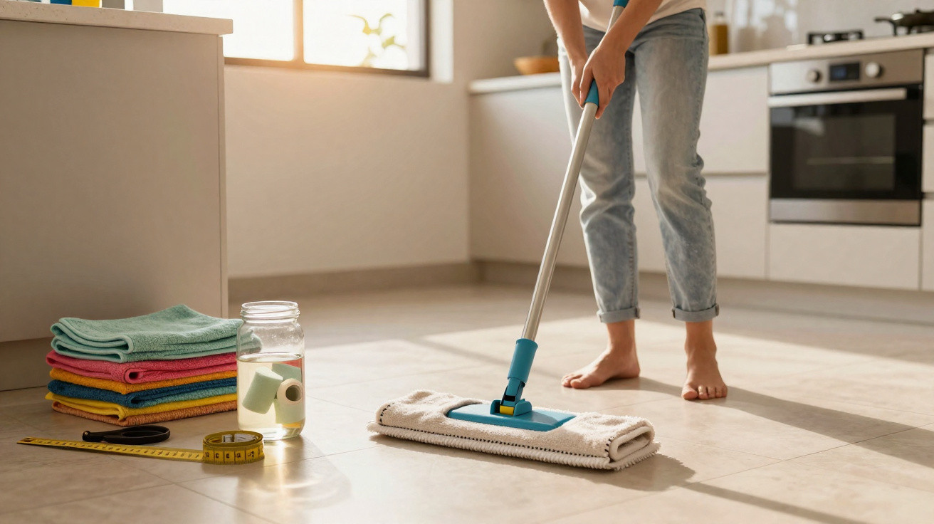 Person cleaning a tiled kitchen floor barefoot with a mop beside folded cloths and measuring tape.