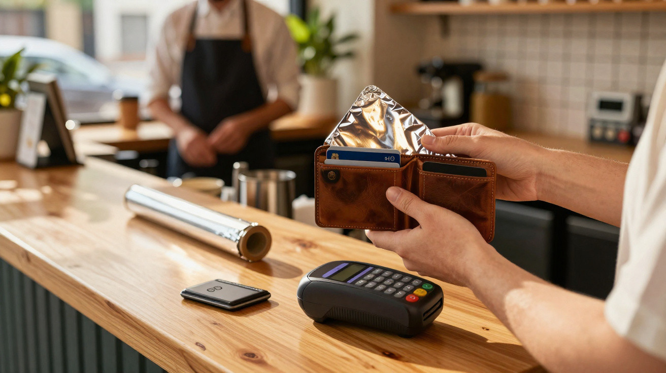 Person holding a wallet lined with aluminium foil near a contactless card payment machine on a wooden counter.