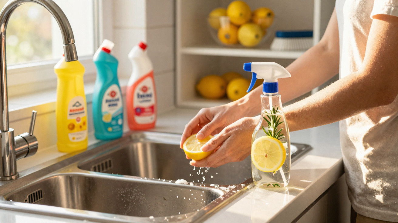 Person squeezing lemon over kitchen sink with cleaning products and lemon-scented spray bottle nearby