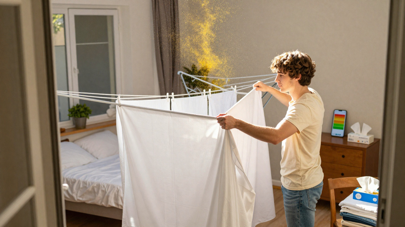 Young man hanging white laundry indoors with a visible yellow dust cloud in a sunlit bedroom.