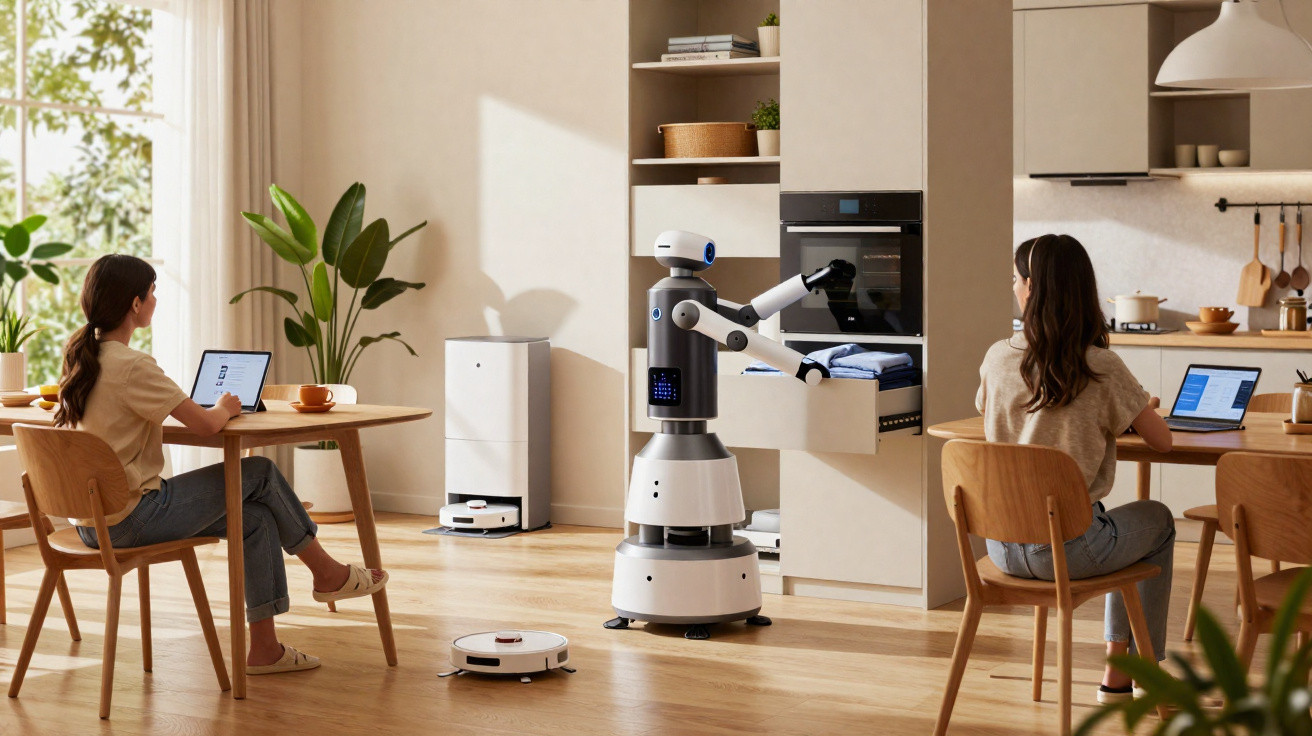 Two women work on laptops at separate tables in a modern kitchen while a robot loads an oven.