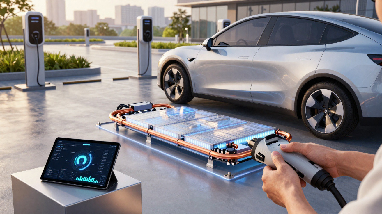 Electric car charging with a visible battery pack and a tablet displaying charging data in a modern urban setting.