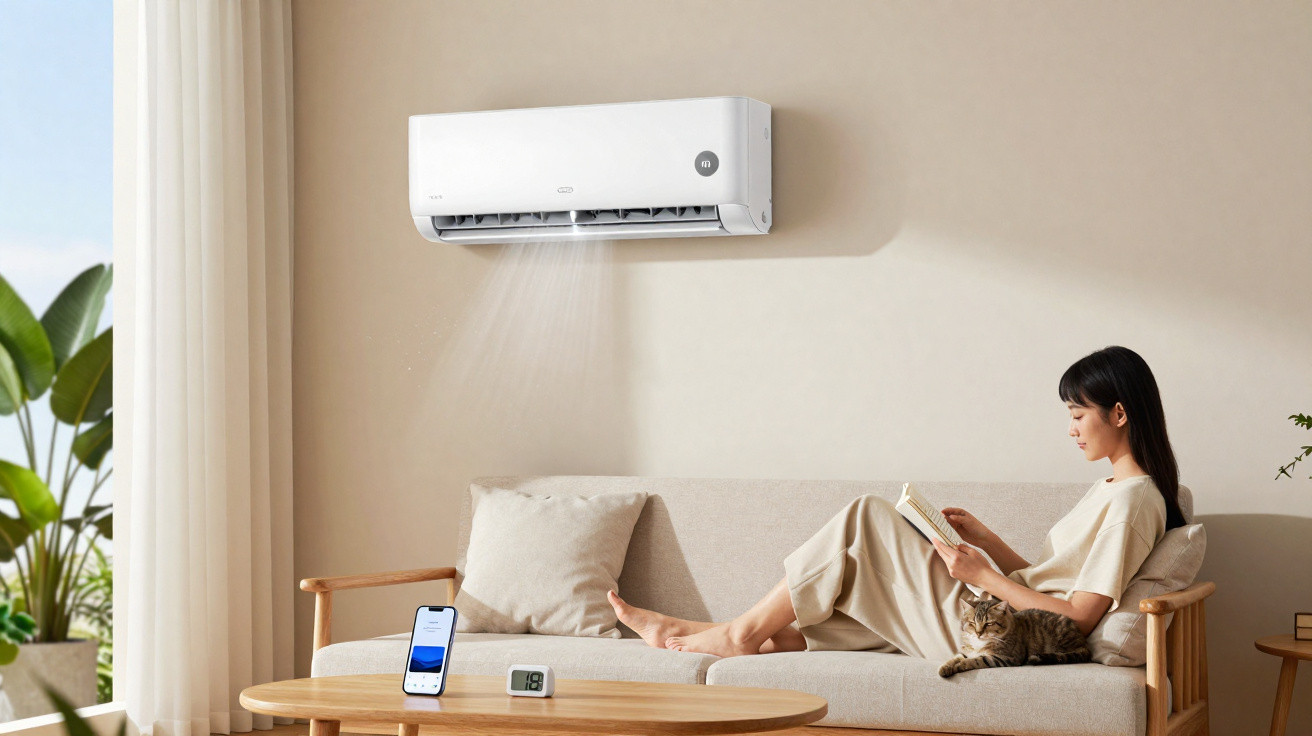 Woman reading a book on a sofa with a cat, below a running wall-mounted air conditioner in a bright living room.