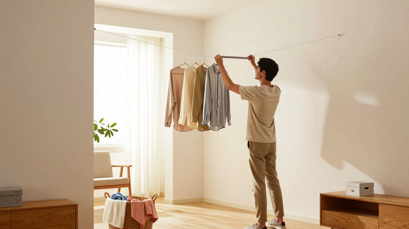 Person hanging shirts on an extendable indoor drying rack in a bright, minimalist living room.