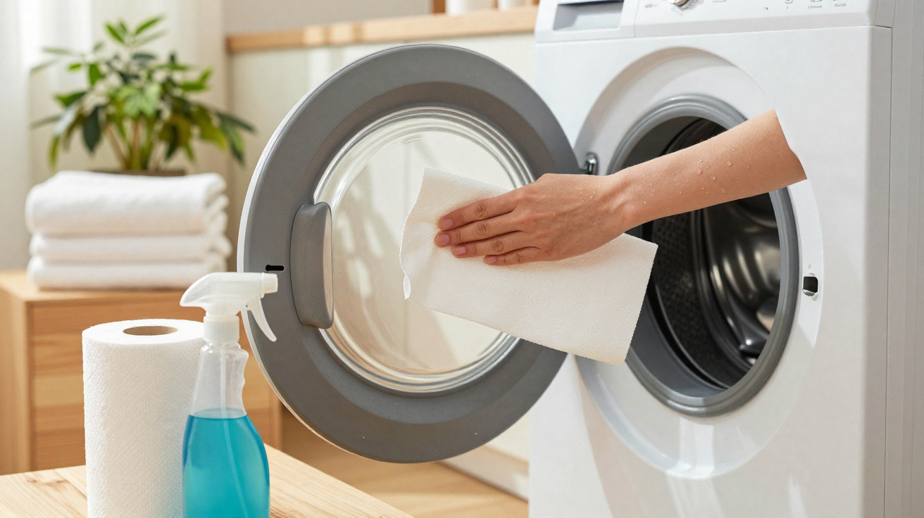 Hand cleaning inside door of front-loading washing machine with paper towel and spray bottle nearby.