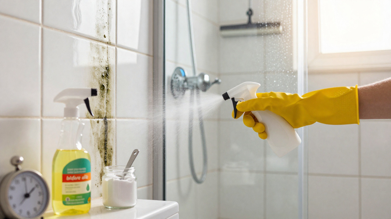 Hand in yellow glove spraying cleaner on mouldy bathroom tiles next to cleaning supplies and timer.