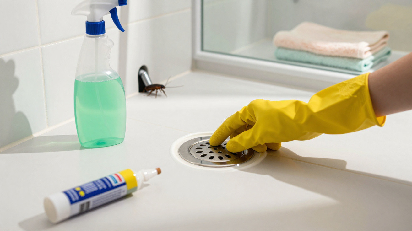 Person wearing yellow glove sealing sink drain with tube, spray bottle and cockroach nearby on counter.