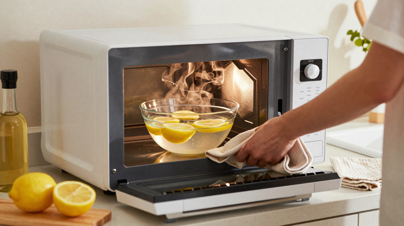 Person using oven mitt to remove steaming glass bowl with lemon water from microwave on kitchen counter.