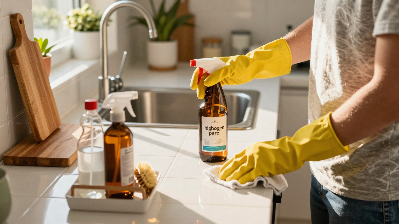 Person wearing yellow gloves cleaning a kitchen countertop with a spray bottle and cloth.