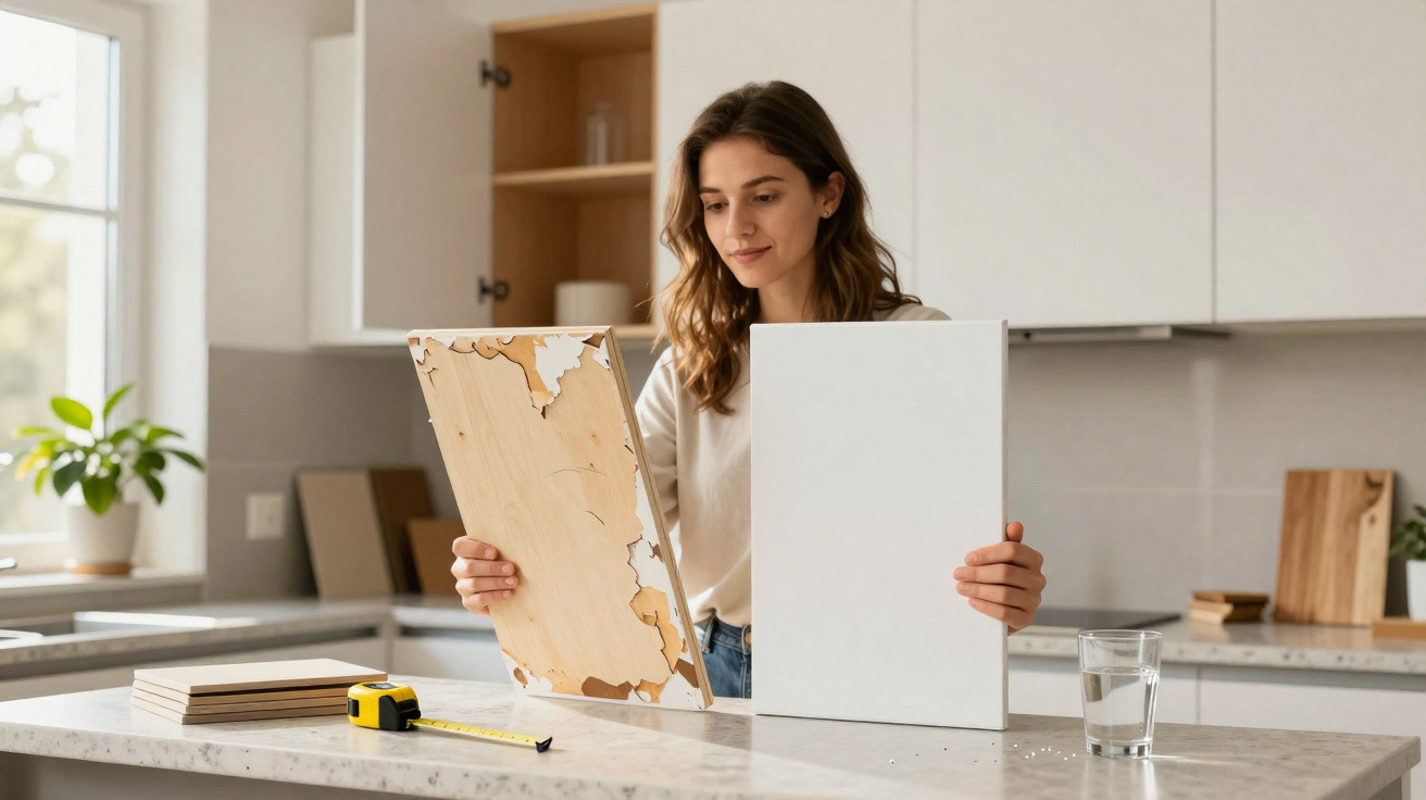 Woman holding and examining a wooden board and white panel in a modern kitchen.