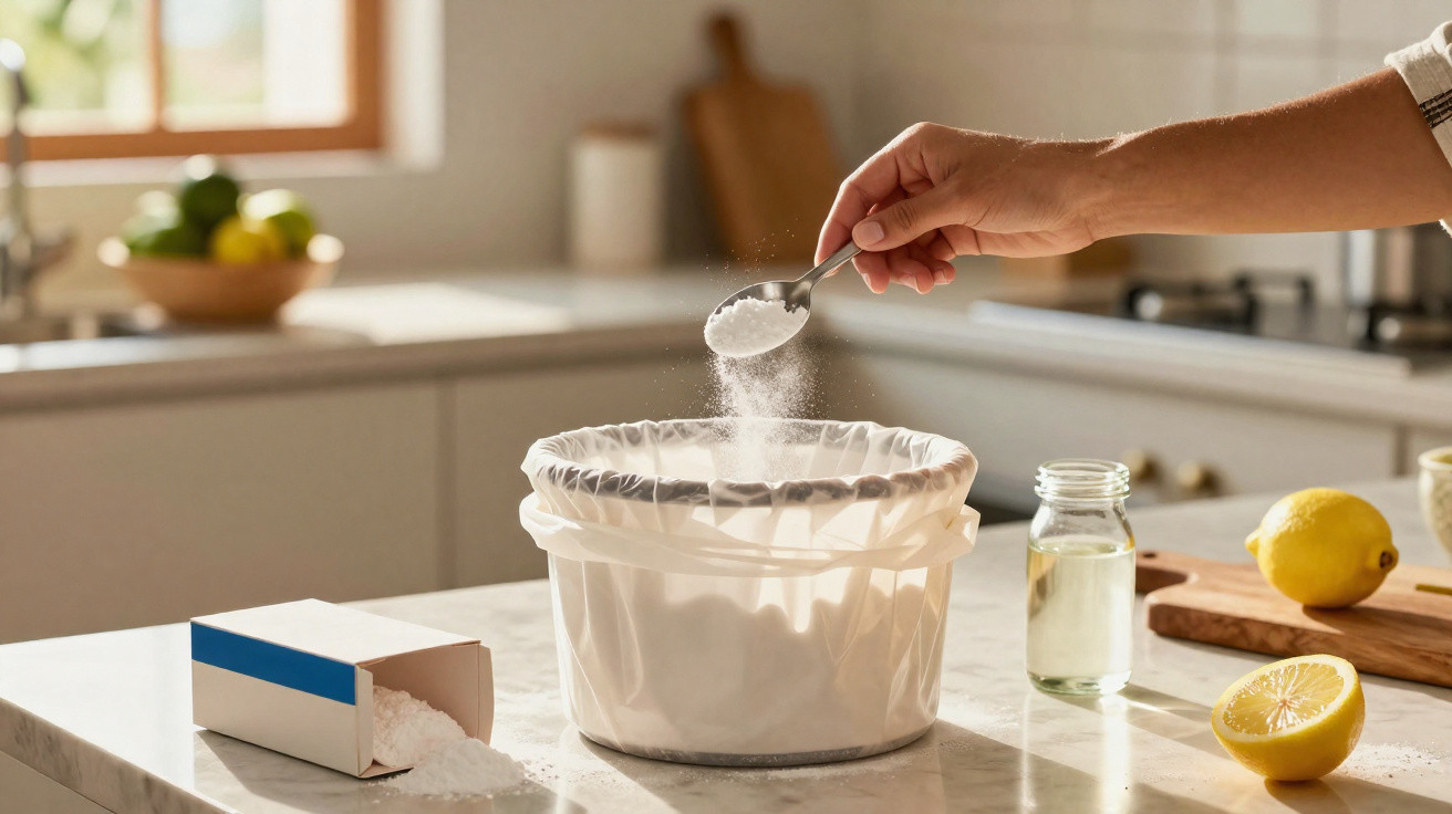 Hand sprinkling baking soda into a lined container on a kitchen counter with lemons and oil nearby.