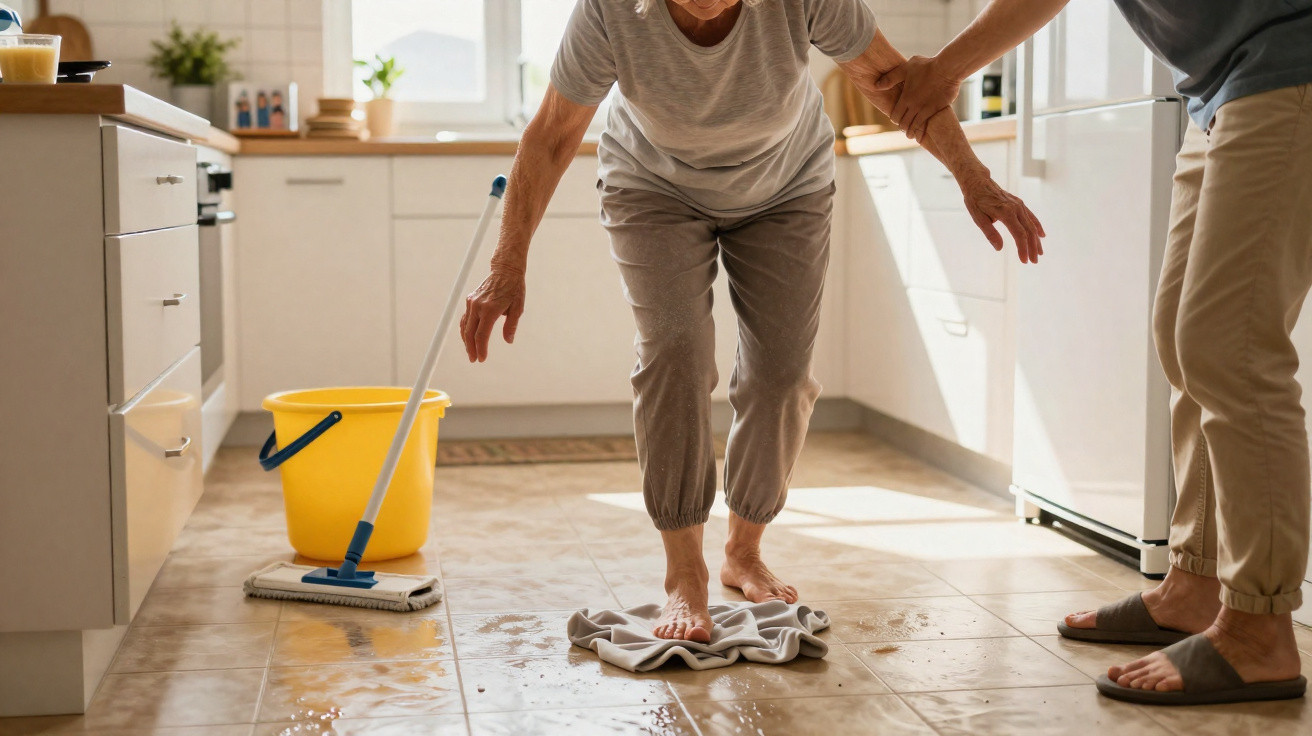 Elderly woman slipping on wet kitchen floor while being supported by another person nearby.