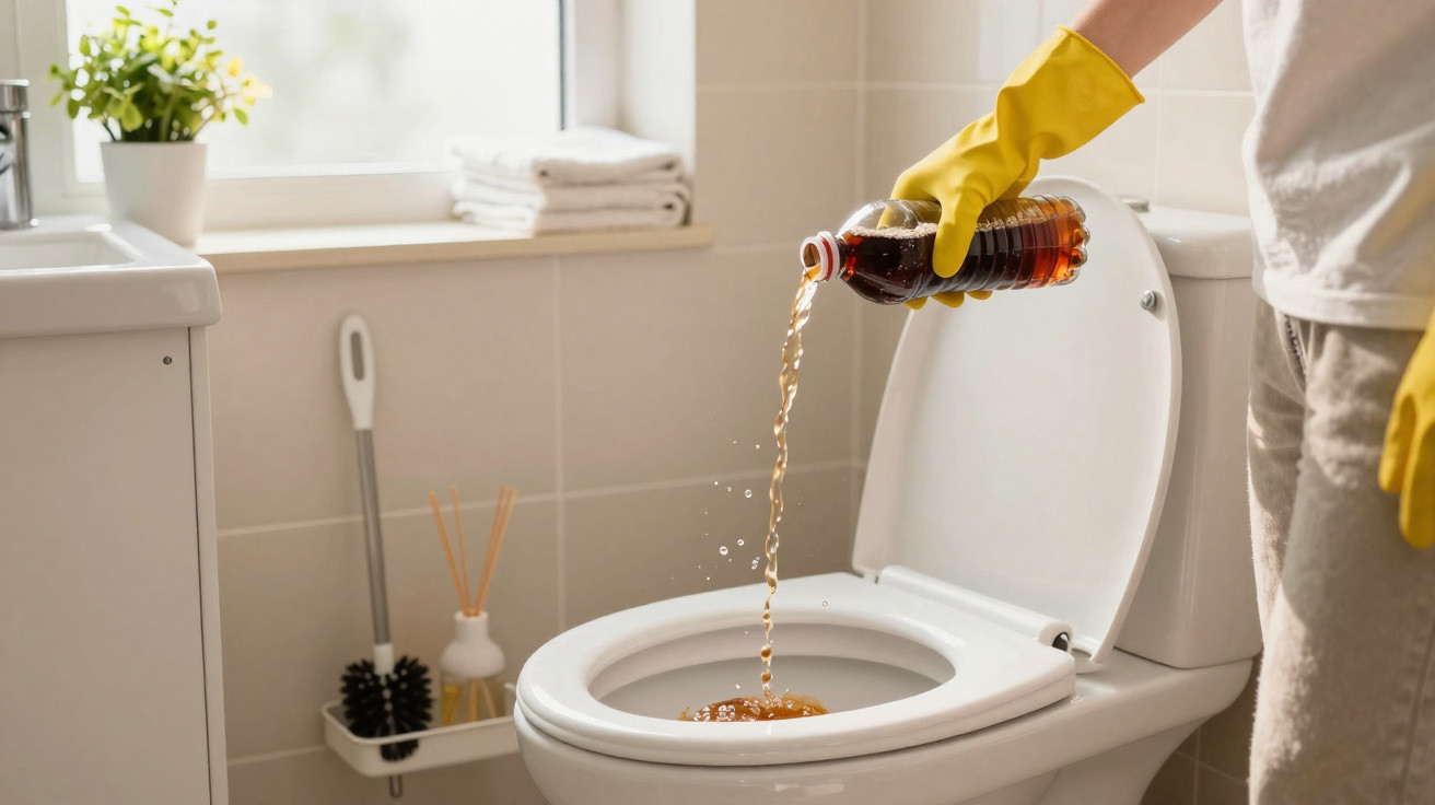 Person wearing yellow gloves pouring cola into a white toilet bowl in a bathroom.