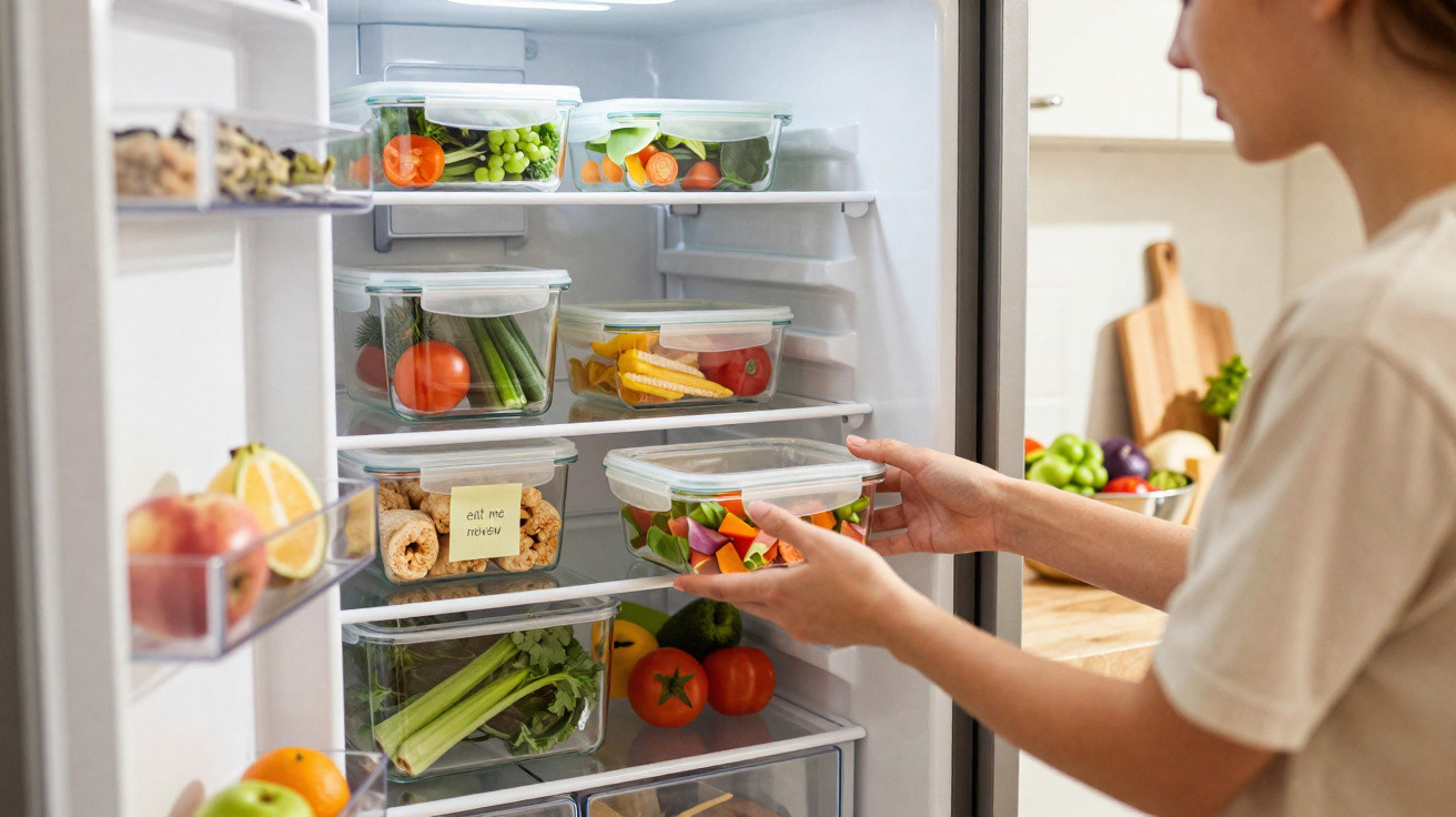 Person organising fresh vegetables and snacks in clear storage containers inside a refrigerator.