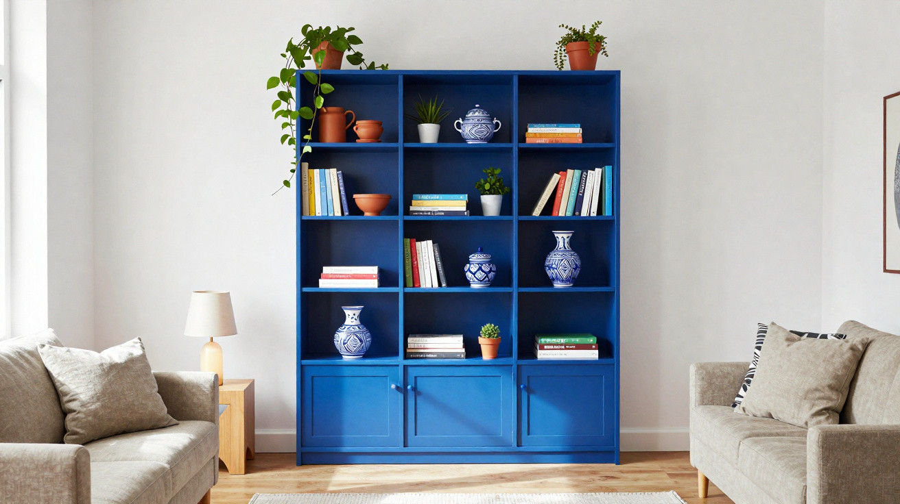 Blue bookcase with books, plants, and blue-and-white ceramics between two beige sofas in a bright living room.