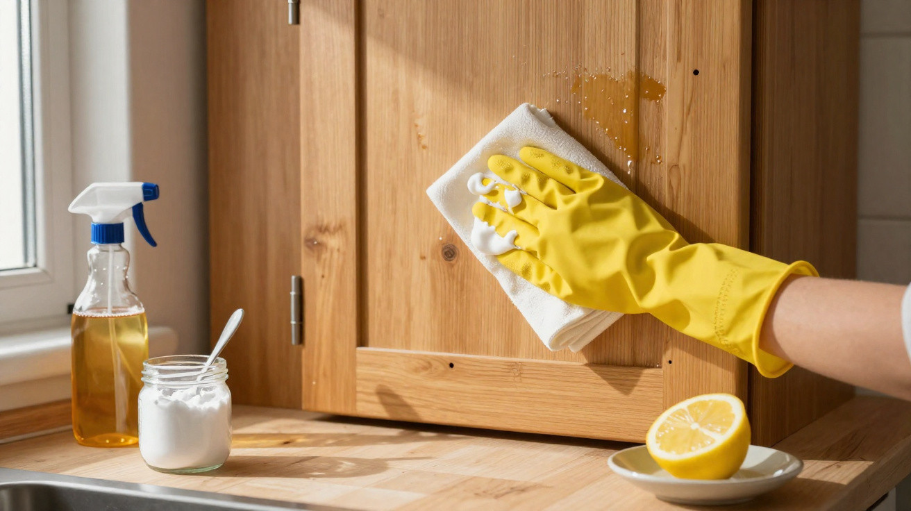 Hand in yellow glove wiping wooden kitchen cabinet with cloth, lemon, baking soda, and spray bottle nearby.