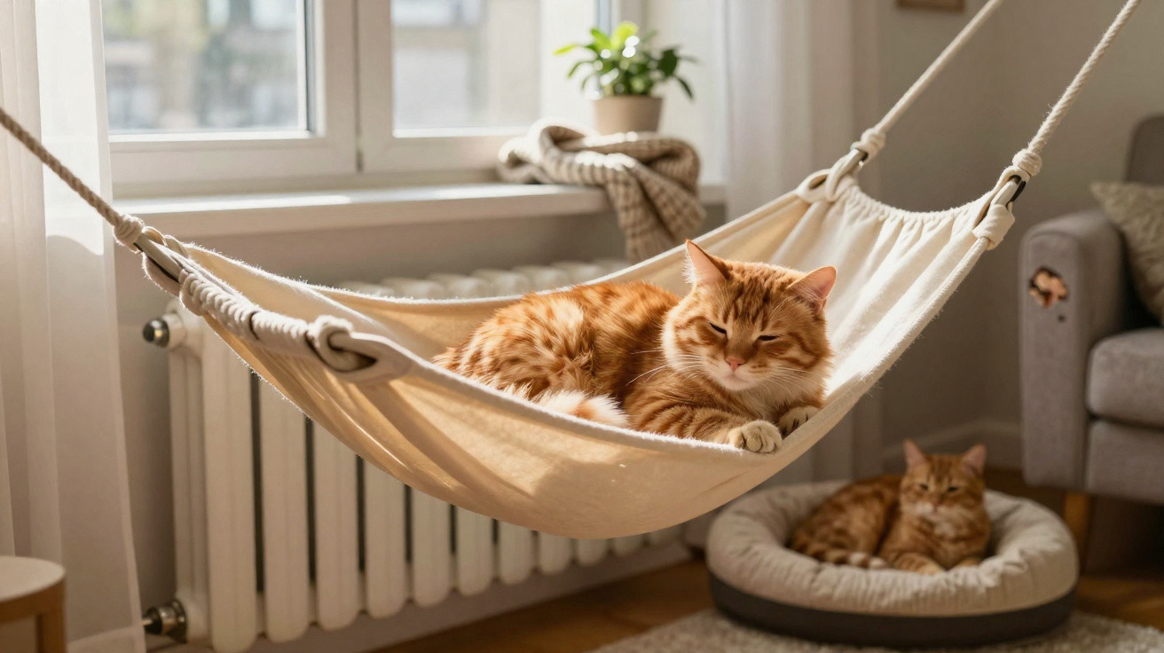 Two ginger cats relaxing indoors, one on a cream hammock and the other on a soft pet bed.