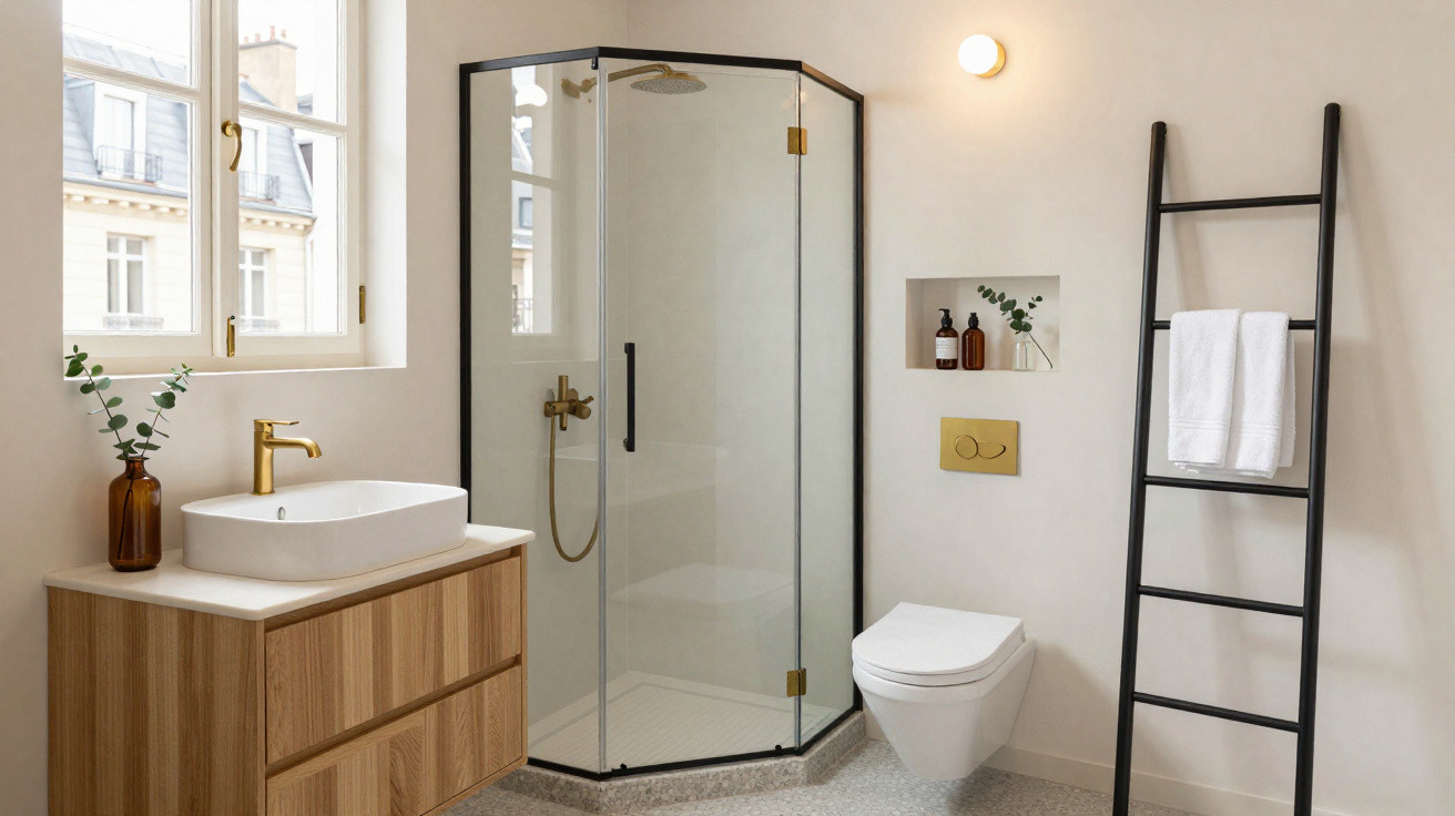 Modern bathroom with glass shower, wooden vanity, wall-mounted toilet, and black towel ladder with white towel.