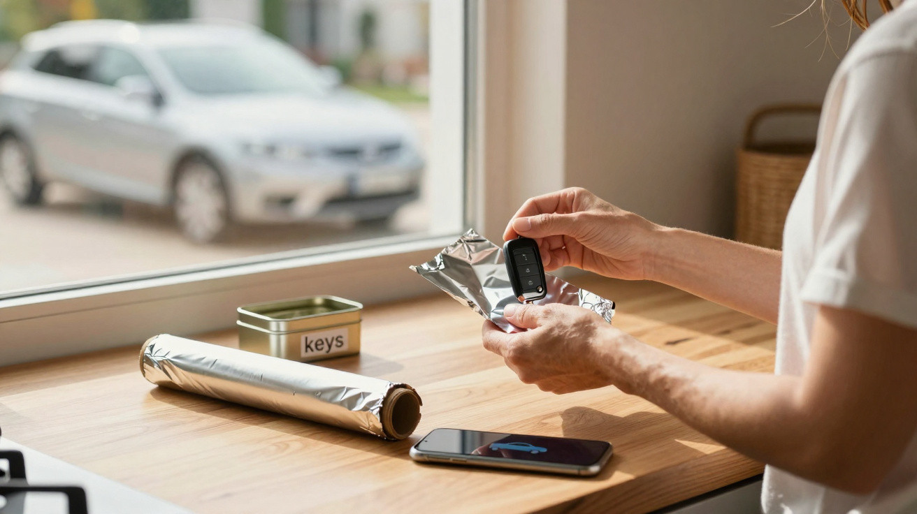 Person wrapping a car key in aluminium foil on a kitchen counter next to a phone and a keys tin.