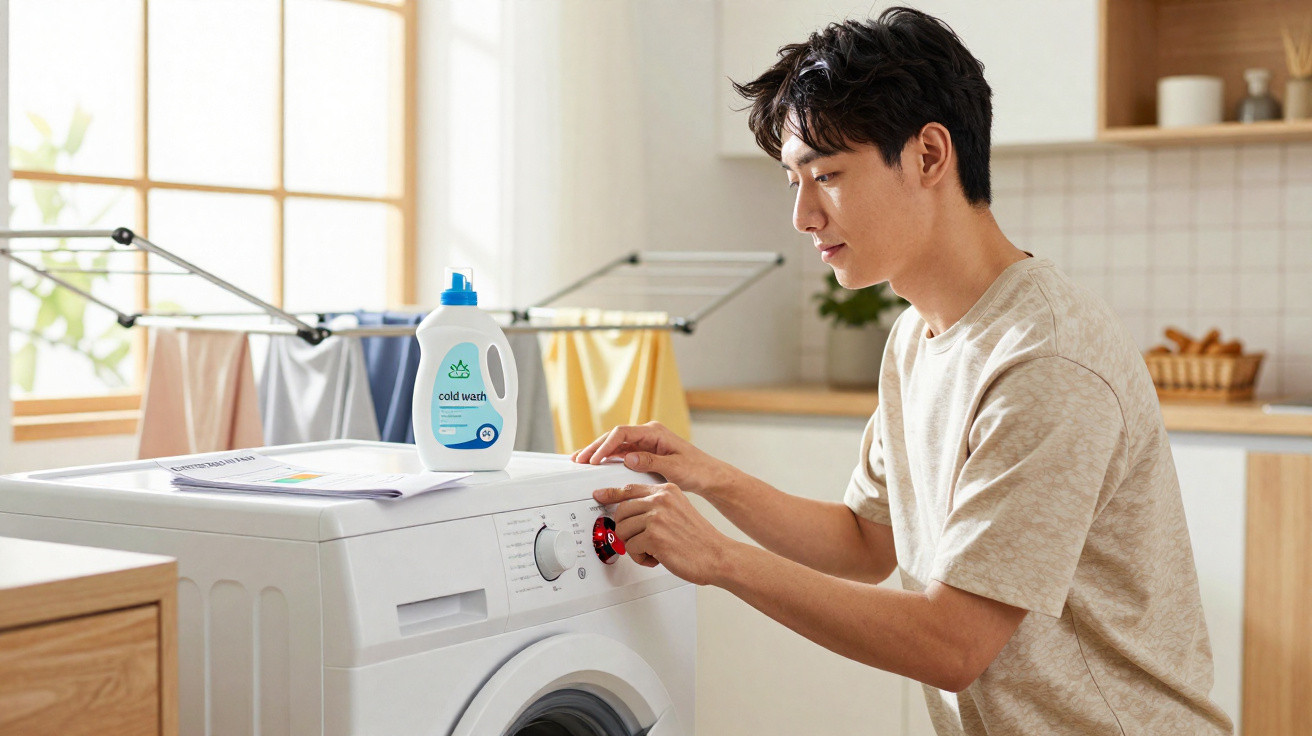 Man adjusting settings on a washing machine with laundry detergent and drying rack in a bright kitchen.