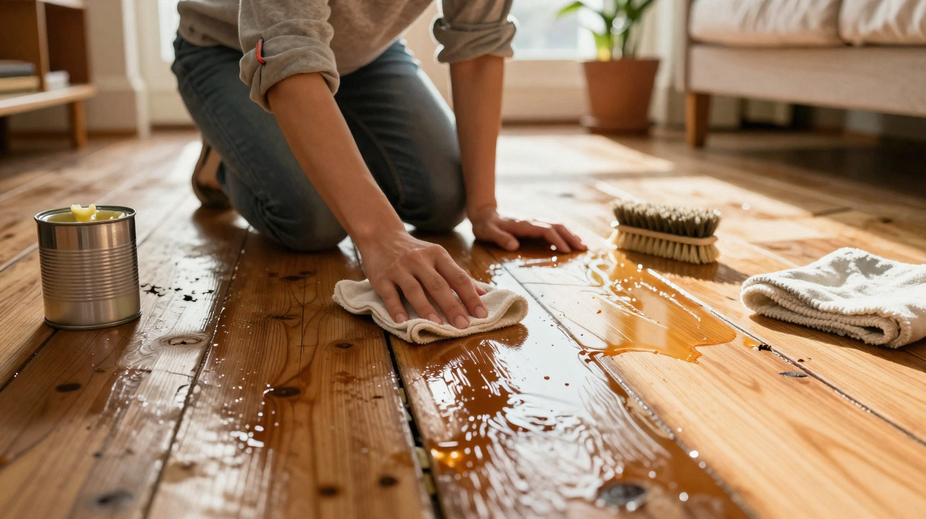 Person cleaning up a liquid spill on wooden floor with a cloth and brush in a living room.