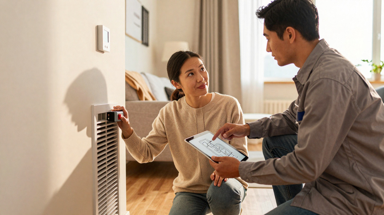 Technician showing a woman a heating system plan on a tablet while she adjusts a wall heater in a living room.