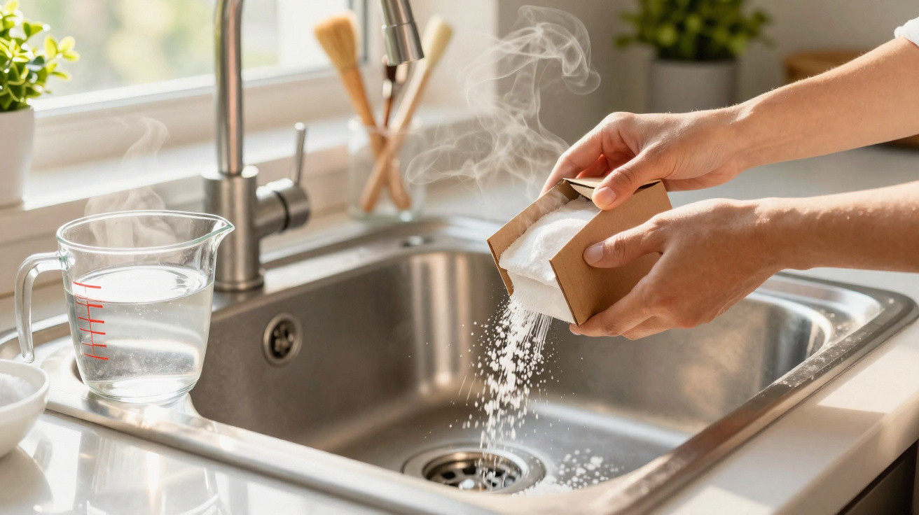Hands pouring white salt into a steaming kitchen sink with a measuring jug of water nearby.