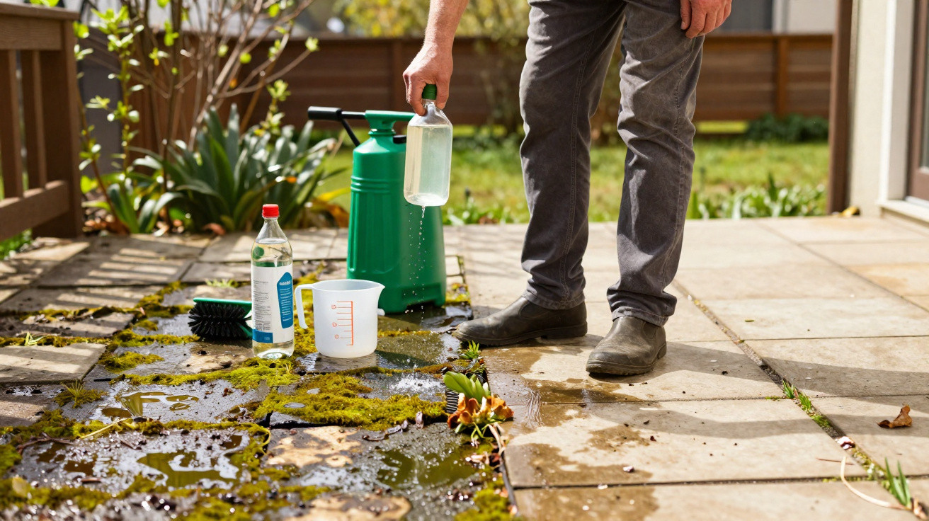 Person pouring liquid onto moss-covered stone patio with gardening tools and containers nearby.
