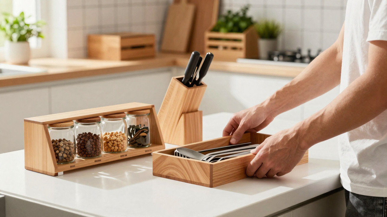 Person organising cutlery in wooden tray on modern kitchen countertop with spice jars and knife block nearby