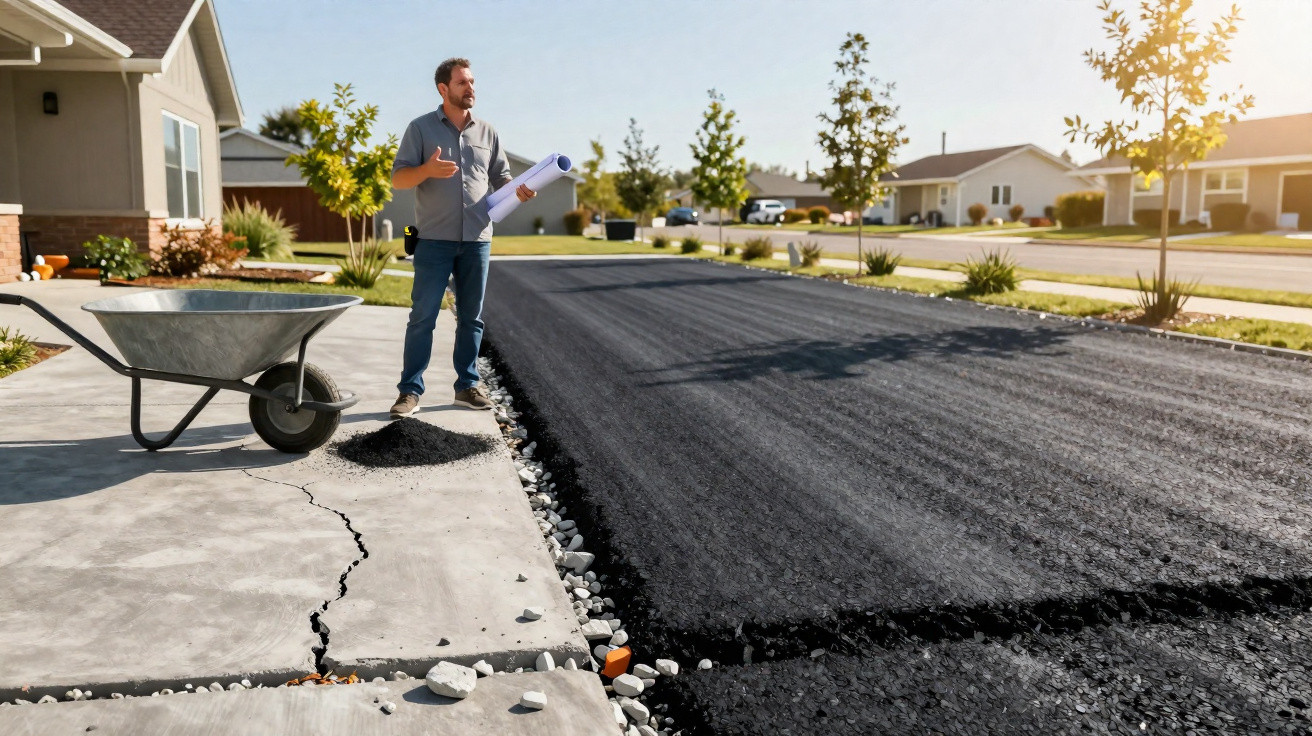 Man holding blueprints standing next to a cracked driveway and newly laid asphalt in a residential area.