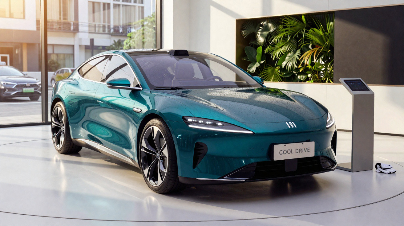 Sleek teal electric car displayed indoors with modern plant wall and digital information stand nearby.