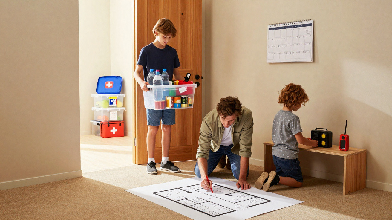 A man kneeling on the floor marks a house plan while two boys hold supplies and test radios in a room.