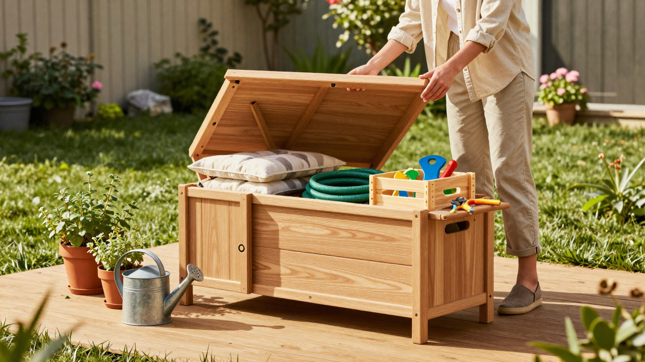 Person opening a wooden garden storage box filled with cushions, a hose, and gardening tools on a wooden deck.