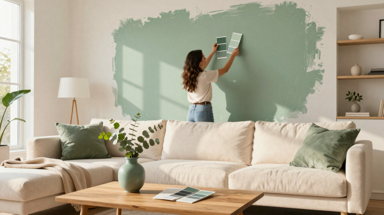 Woman comparing green paint swatches on partially painted living room wall behind cream sofa with green cushions.