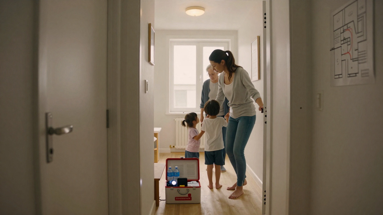 Family with two children entering a room with a cooler box filled with water bottles on the floor.